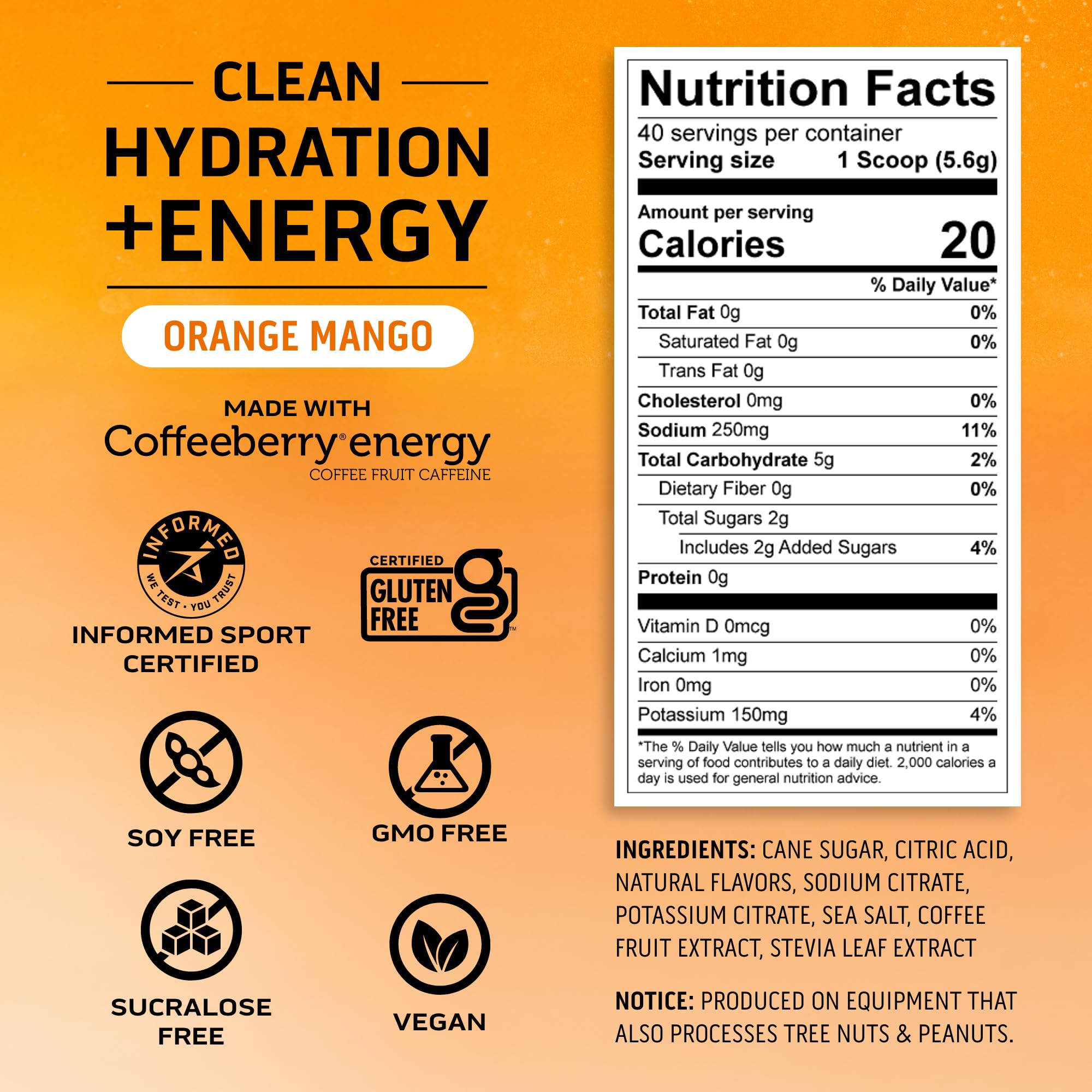 Ascent polvo Naranja Mango disuelto en agua para hidratación rápida