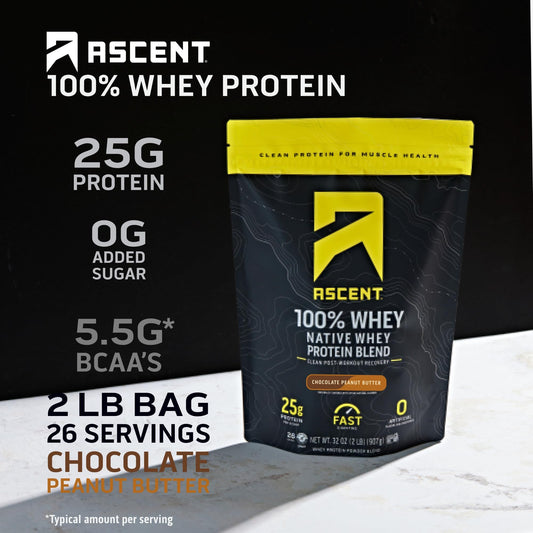 Ascent 100% Whey Chocolate Peanut Butter scoop highlights 25g protein per serving for muscle support.