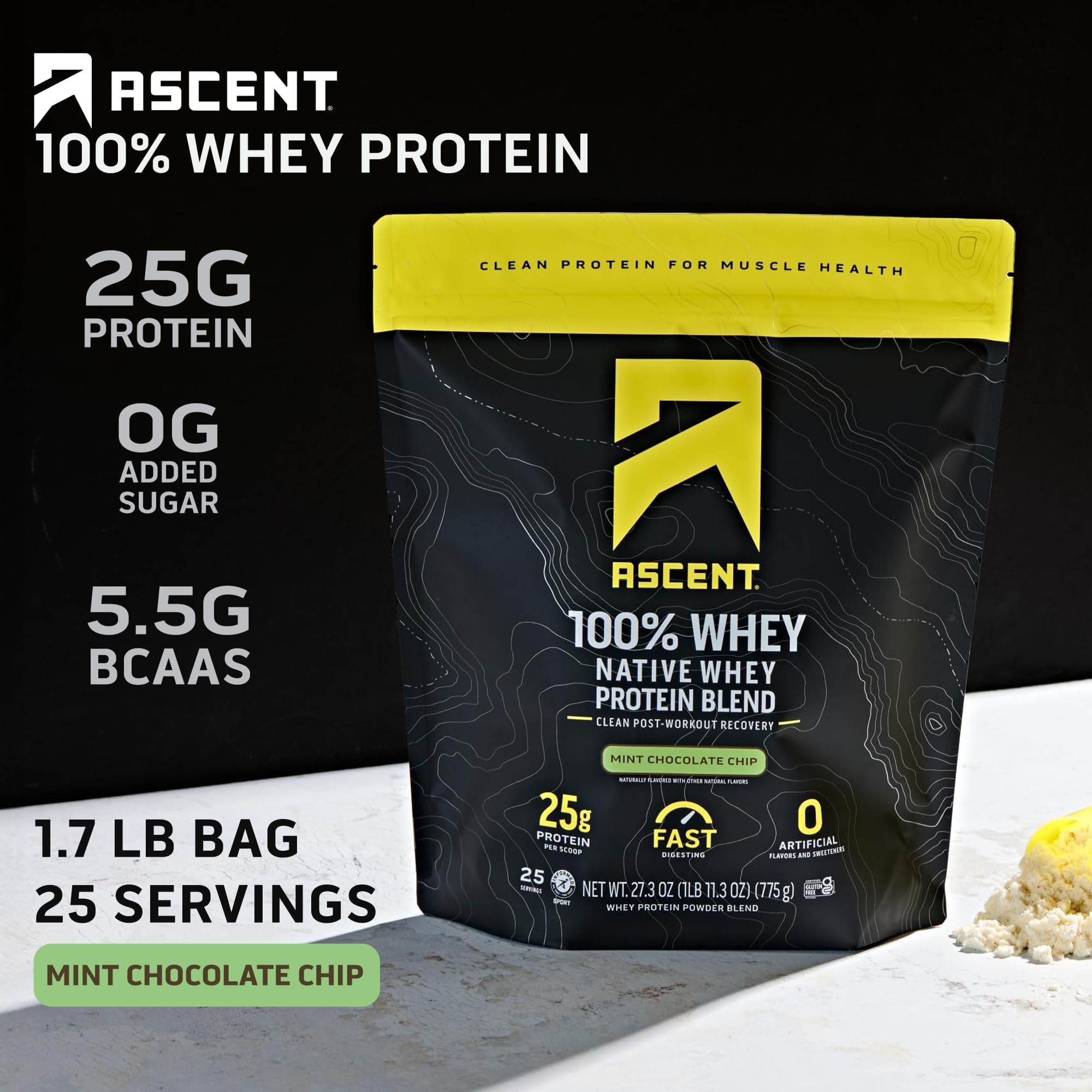 Scoop of Ascent mint chocolate chip whey ready to mix.