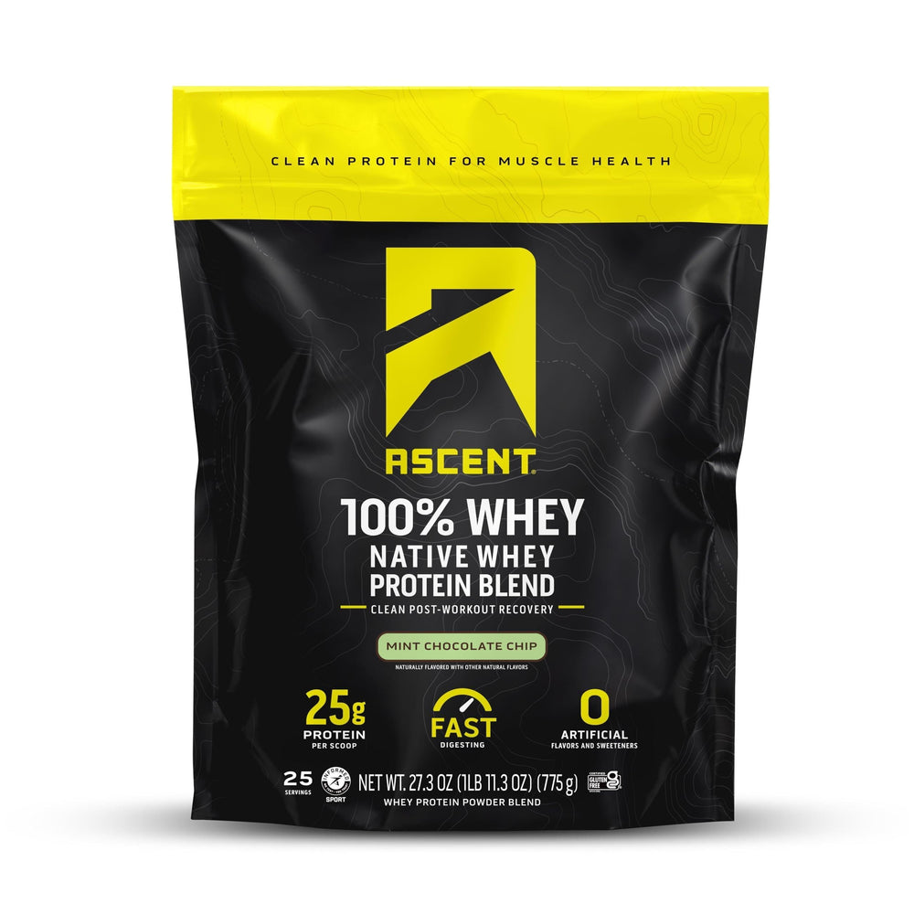 Ascent native whey mint chocolate chip powder for a post-workout shake.