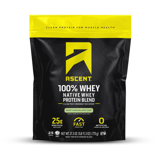 Ascent native whey mint chocolate chip powder for a post-workout shake.