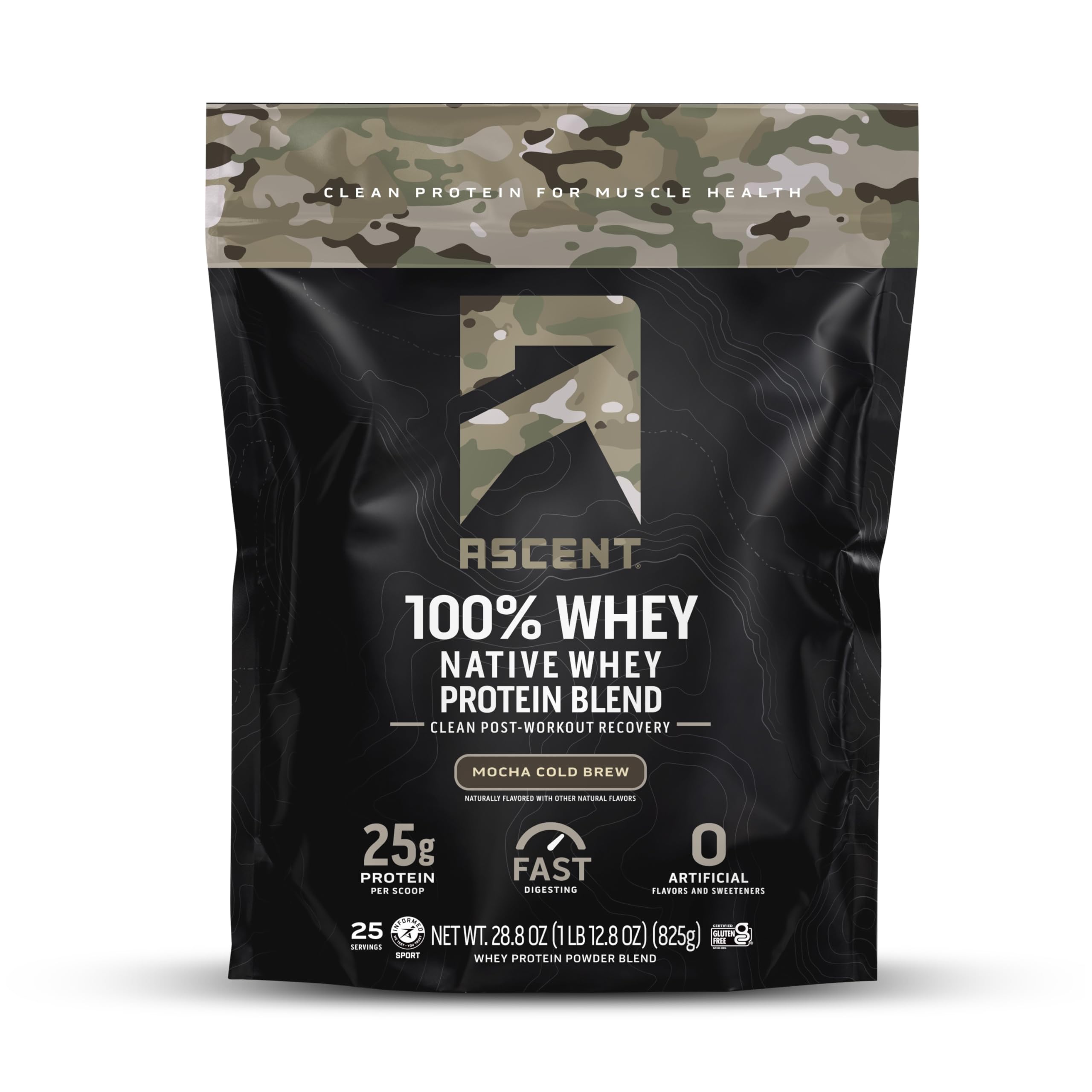 Ascent Mocha Cold Brew whey protein powder tub on a countertop