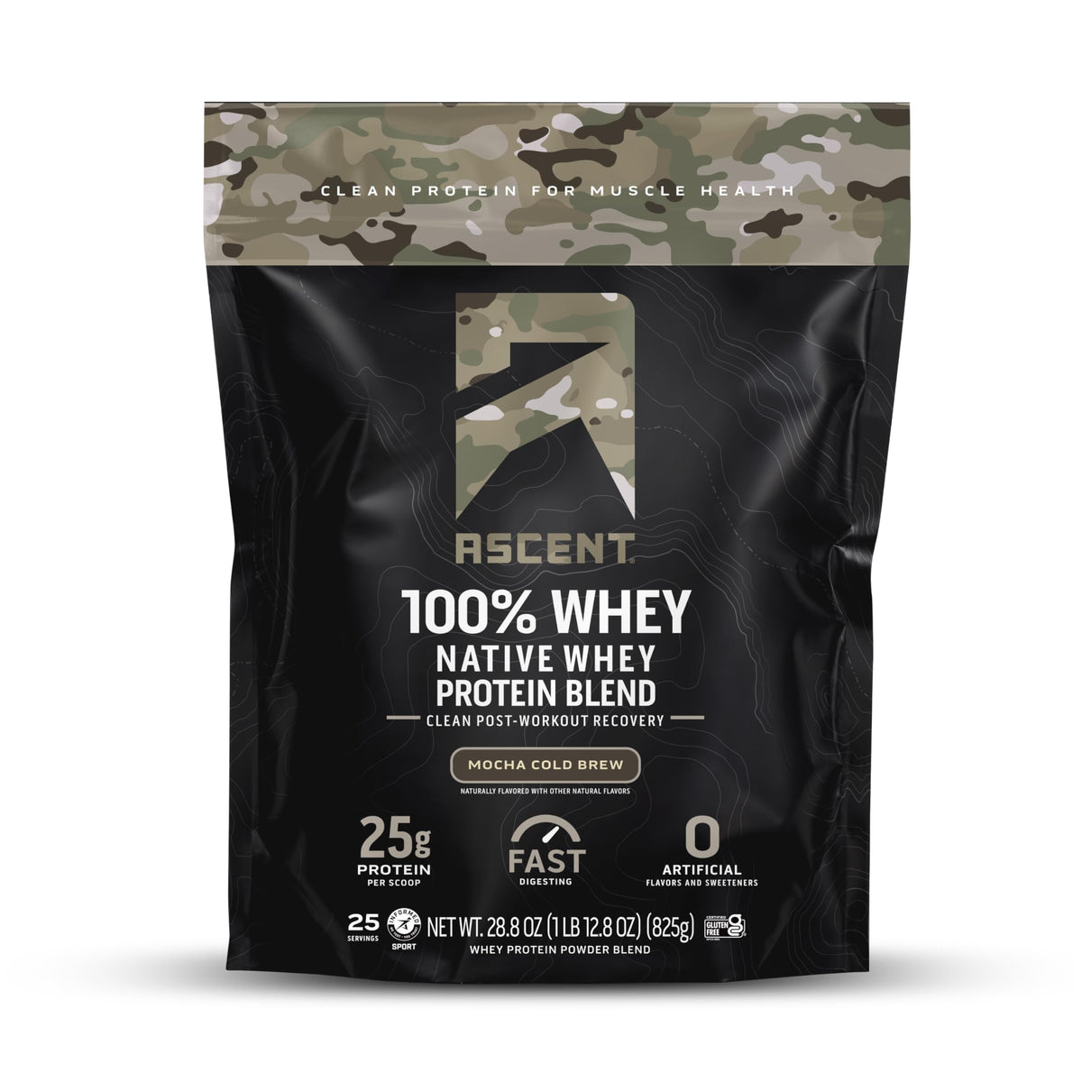 Ascent Mocha Cold Brew whey protein powder tub on a countertop