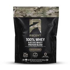 Ascent Mocha Cold Brew whey protein powder tub on a countertop