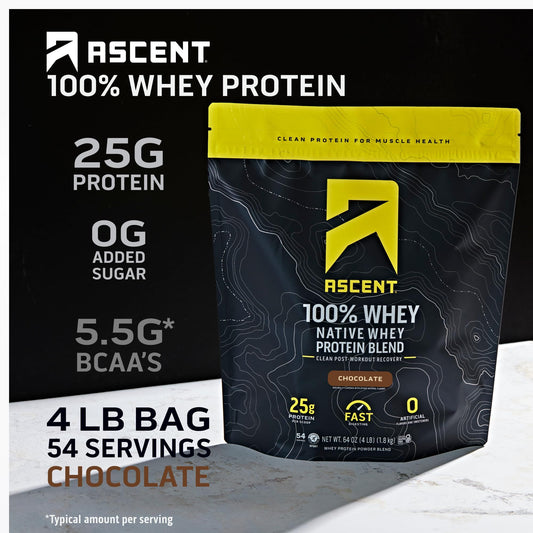 Ascent whey protein powder tub open with scoop ready to serve