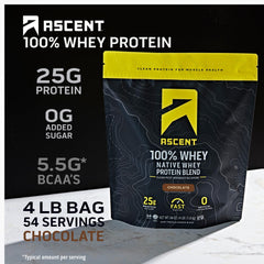 Ascent whey protein powder tub open with scoop ready to serve