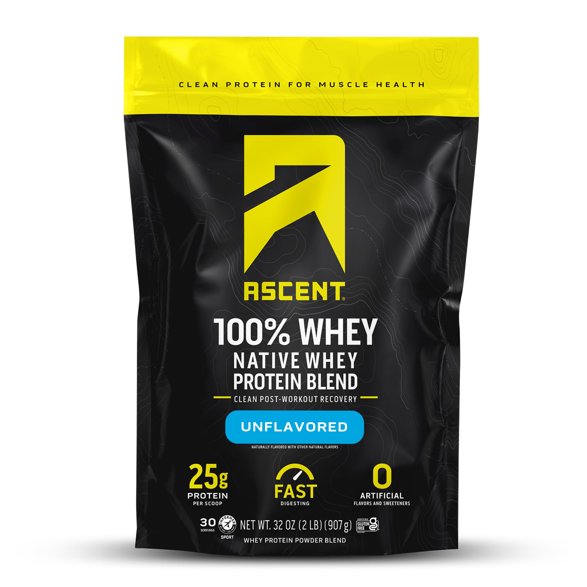 Ascent 100% Whey Protein unflavored powder in a jar ideal for post-workout fuel.
