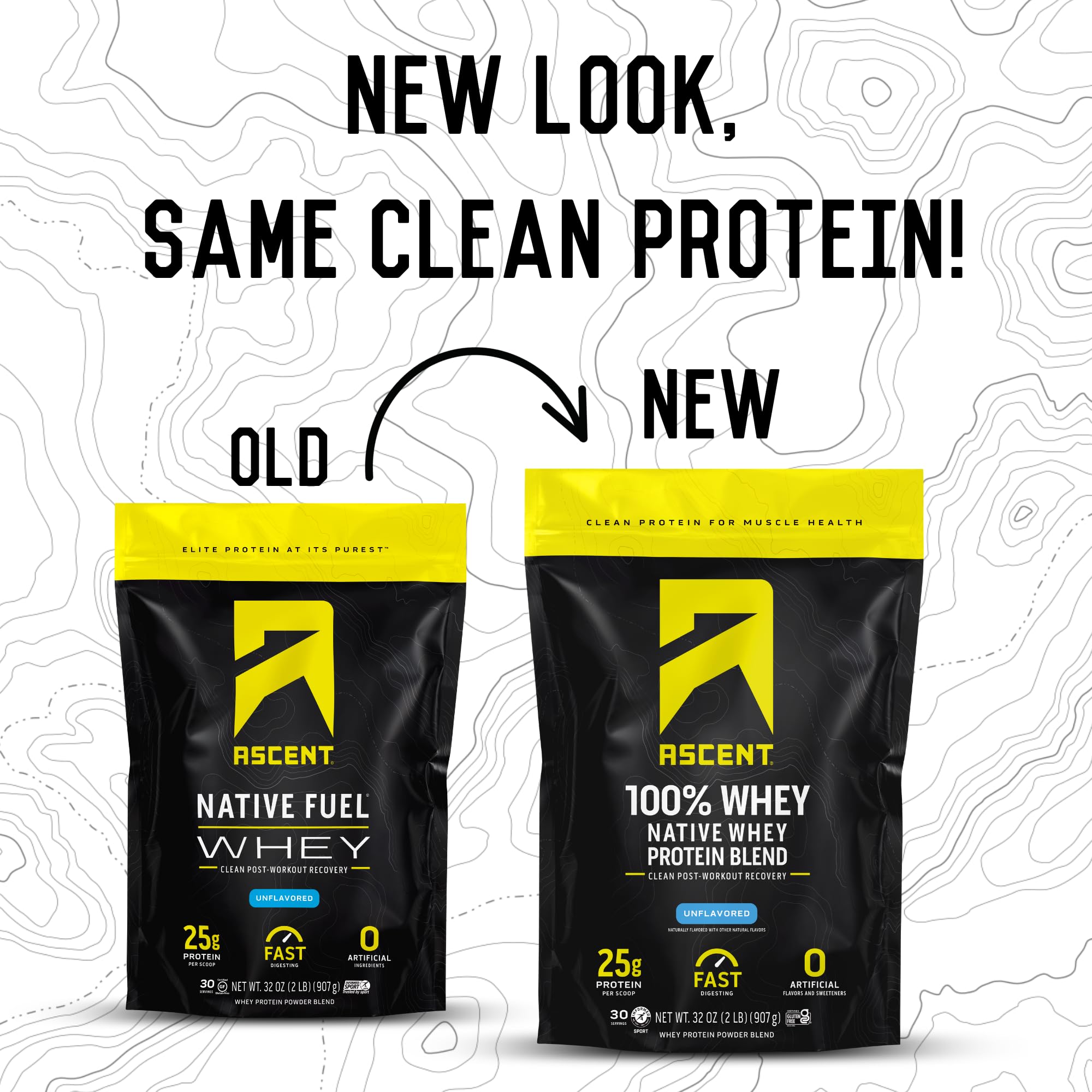Ascent whey protein unflavored powder on a desk with clean ingredients.