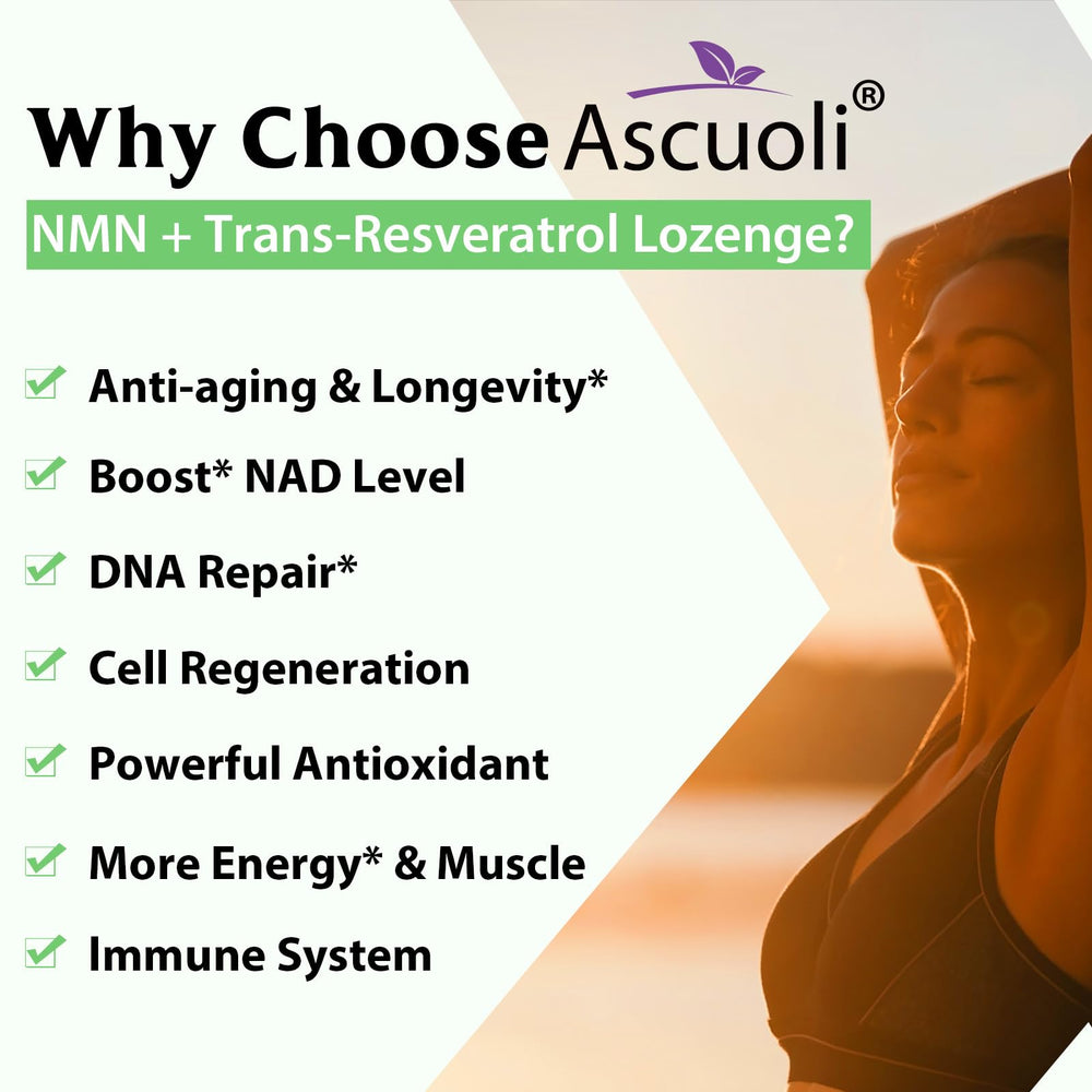 Ascuoli 3-in-1 NMN Resveratrol lozenge shows a multi-benefit formula.