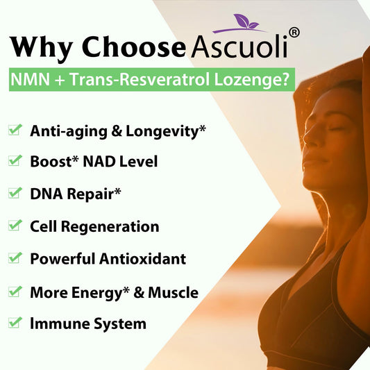 Ascuoli 3-in-1 NMN Resveratrol lozenge shows a multi-benefit formula.