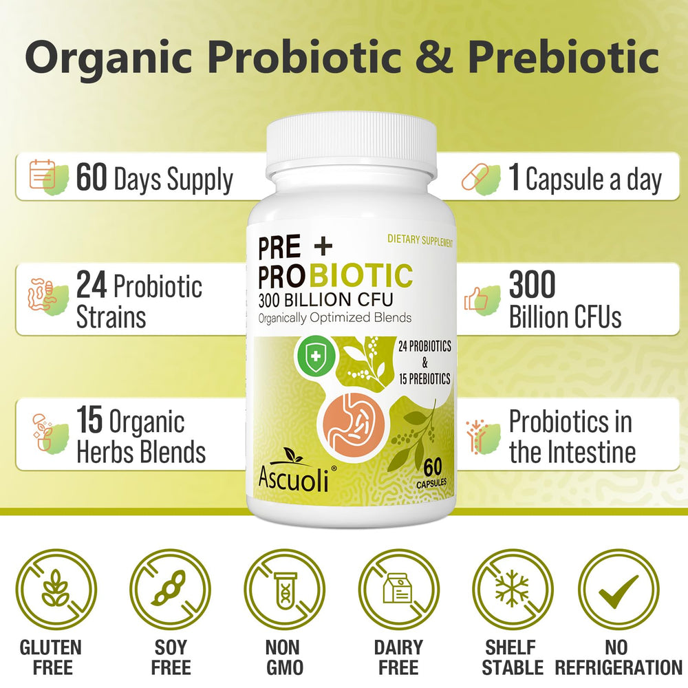Ascuoli Organic Herbs Prebiotics Blend highlighting natural gut support