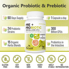 Ascuoli Probiotics with 15 organic herbs prebiotics blend for healthy digestion.