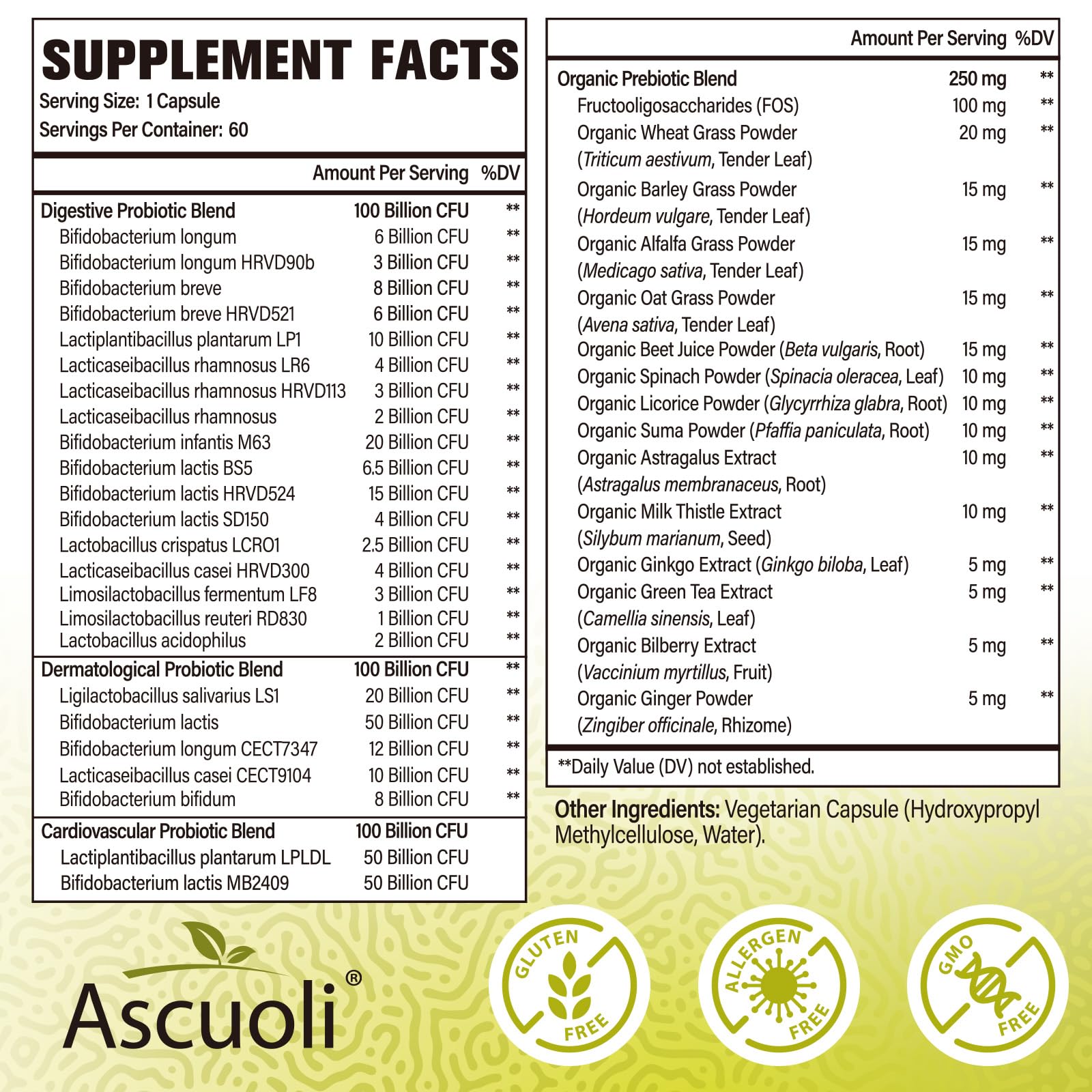Ascuoli Probiotics capsule showcasing 24 strains for diverse gut support.