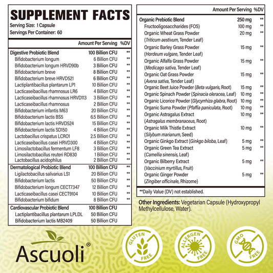 Ascuoli Probiotics capsule showcasing 24 strains for diverse gut support.