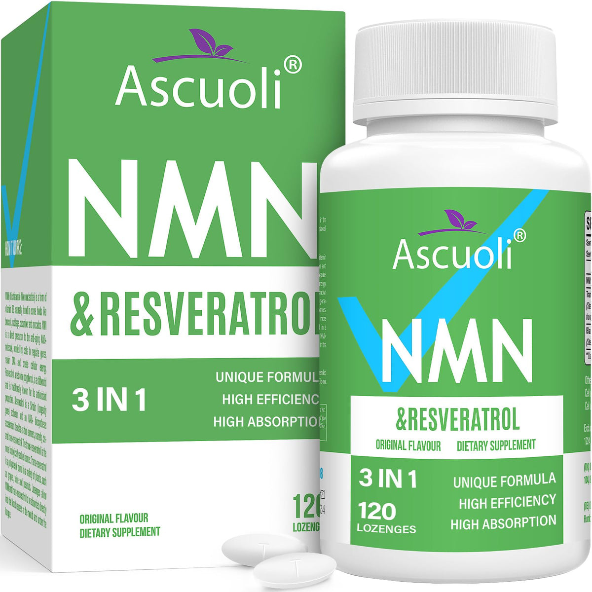 Ascuoli Sublingual NMN bottle with 500 mg for daily use and potential NAD support.