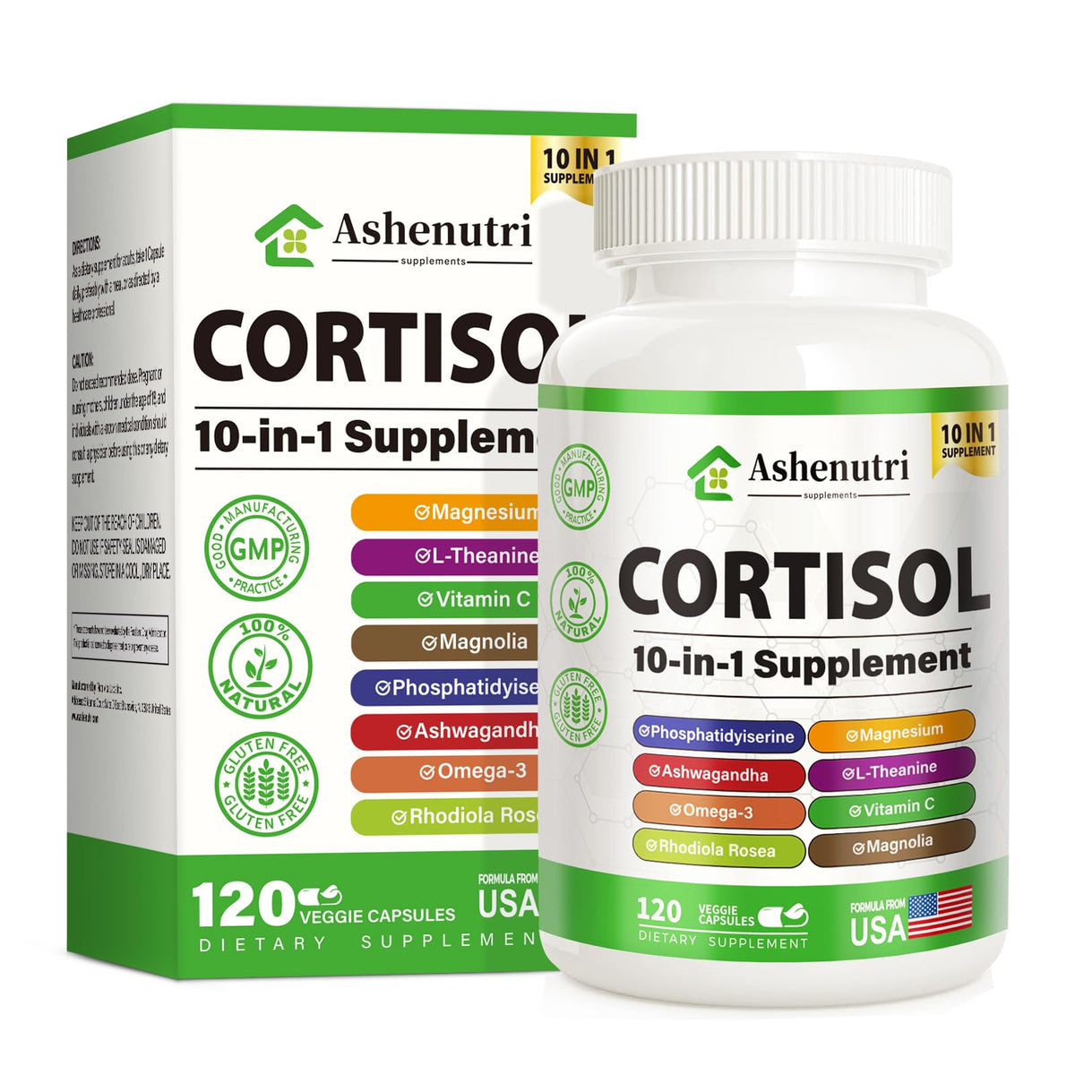 Ashenutri cortisol supplement bottle front may support daily stress response