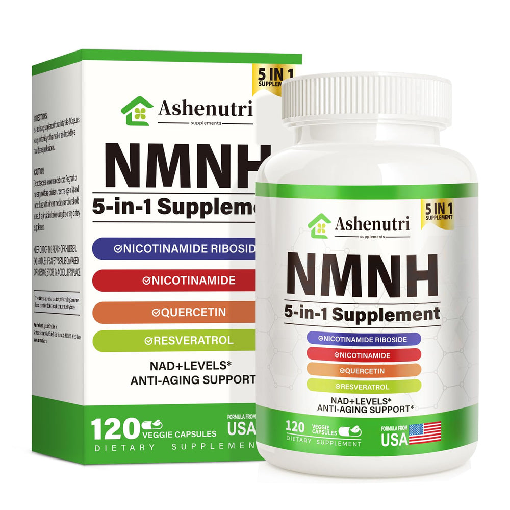 Ashenutri NMNH bottle label close-up highlighting NMNH blend for cellular vitality.