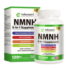 Ashenutri NMNH bottle label close-up highlighting NMNH blend for cellular vitality.