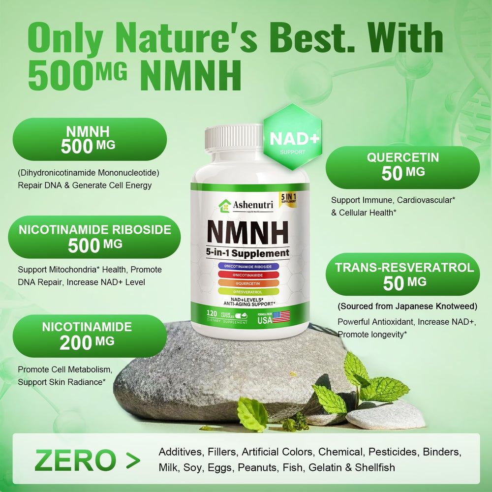 Ashenutri NMNH capsules close-up with bottle to illustrate easy daily intake.