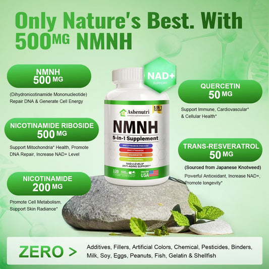 Ashenutri NMNH capsules close-up with bottle to illustrate easy daily intake.