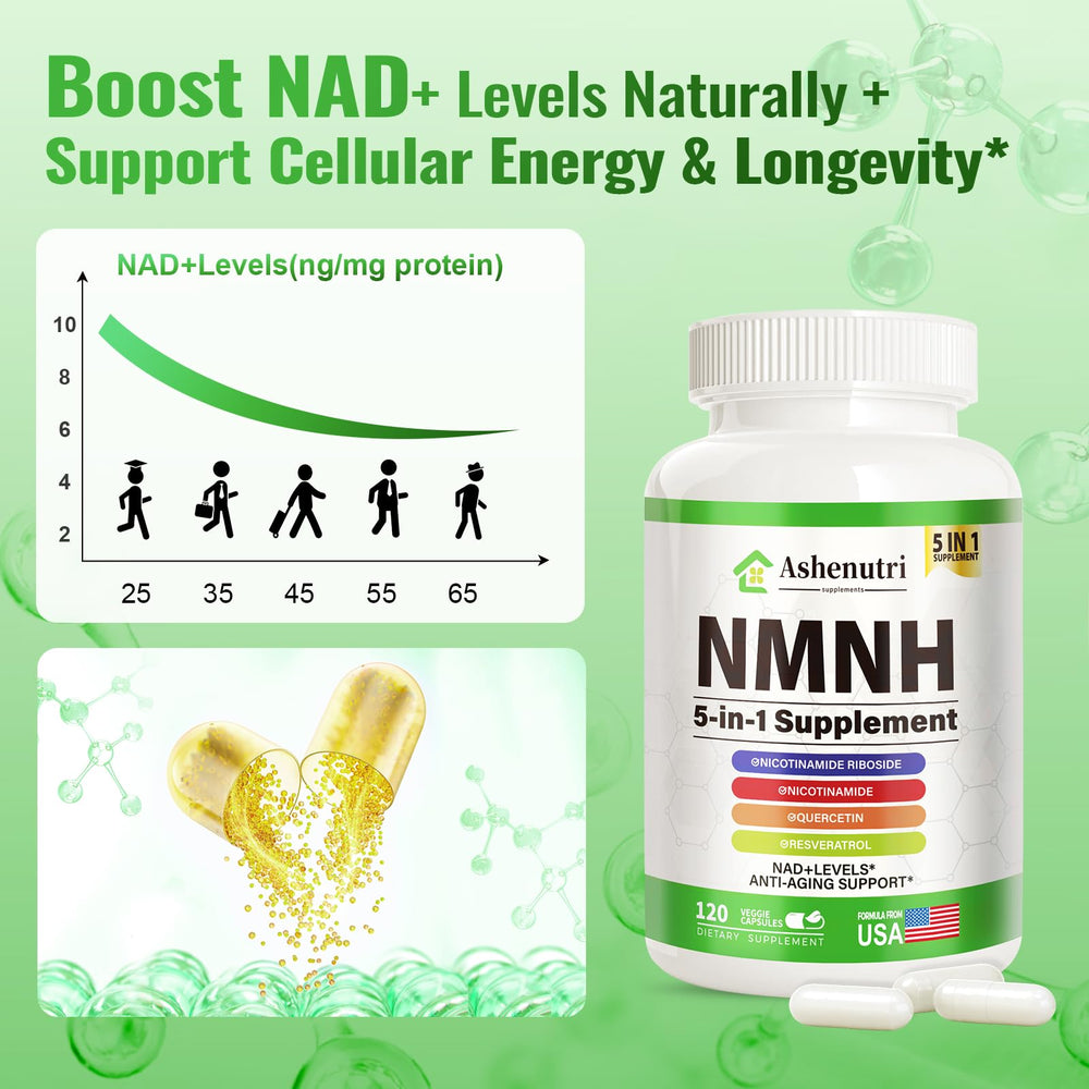 Ashenutri NMNH with niacinamide label detail for flush-free B3 support.