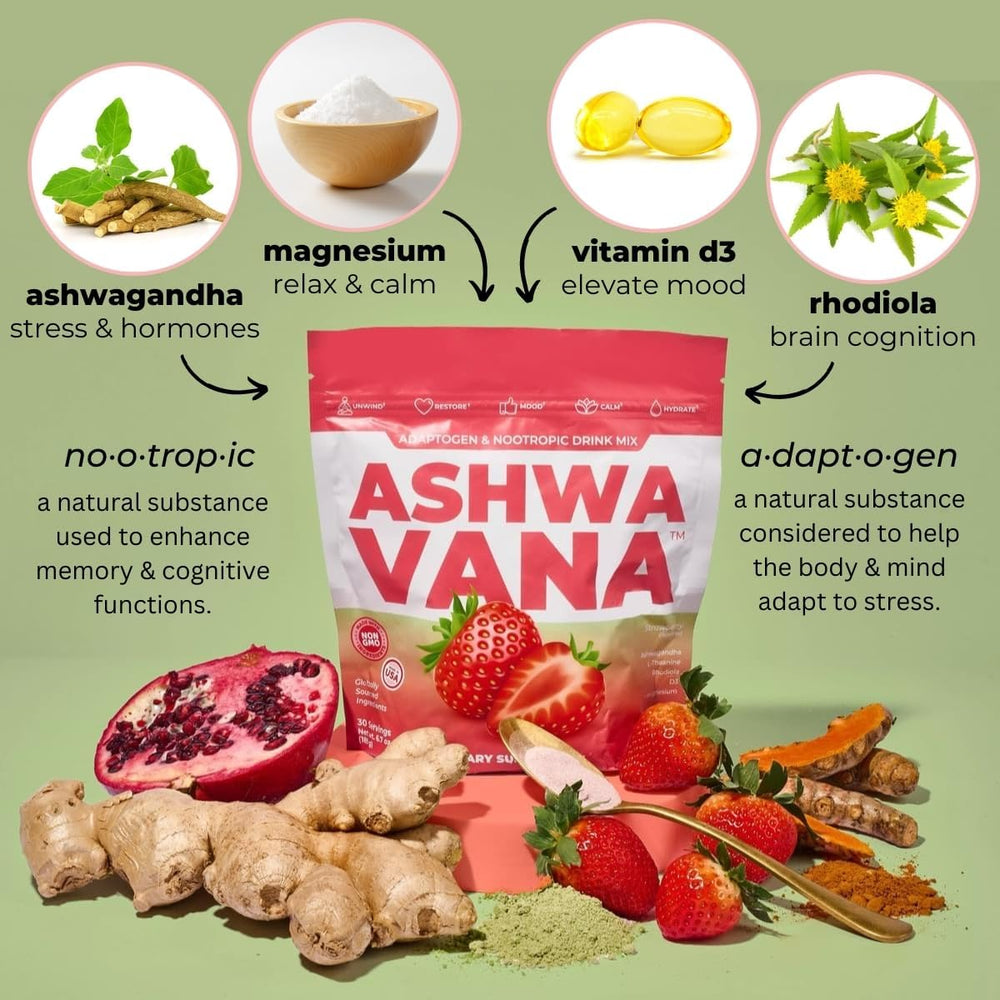 Ingredients panel highlights vegan, non-GMO formula and key adaptogens.