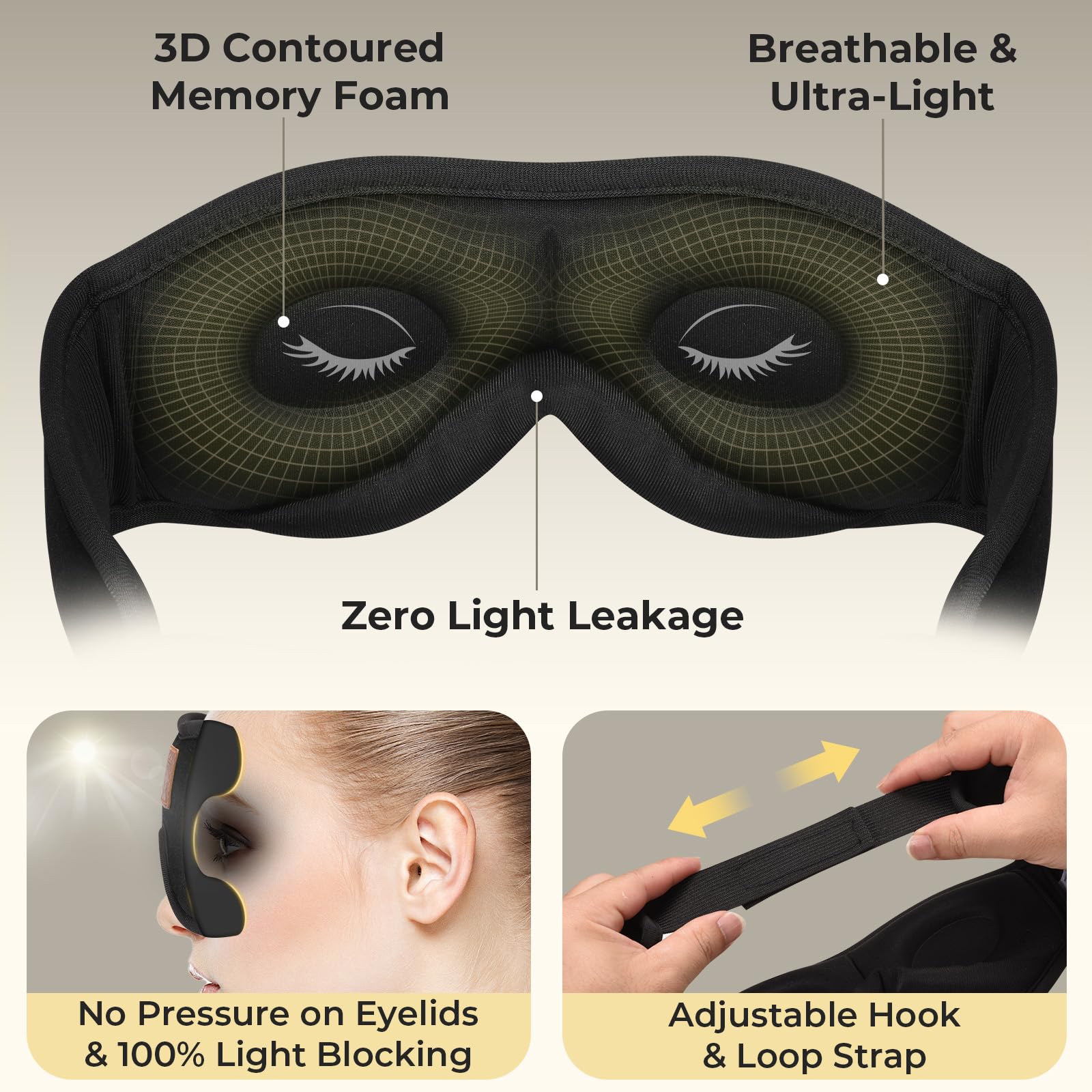 ASIILOVI 3D contoured eye mask provides zero eye pressure and full blackout