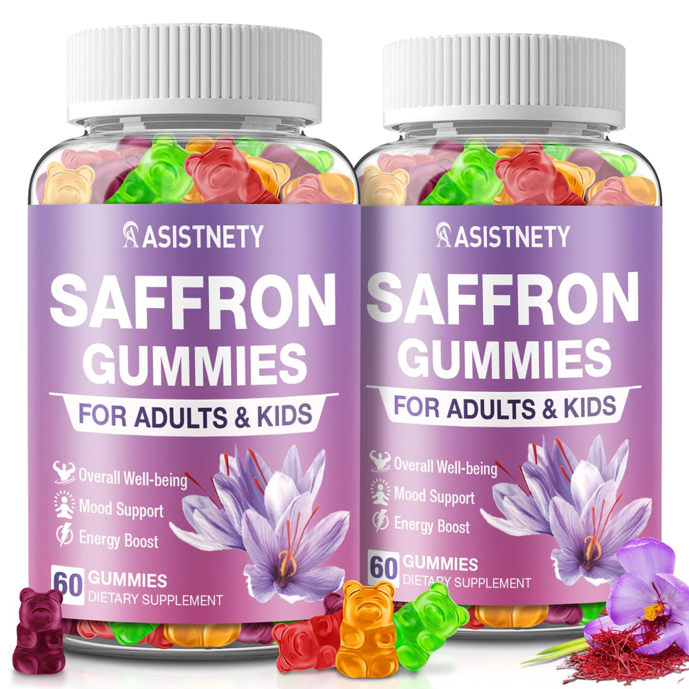 ASISTNETY saffron gummies bottle on kitchen counter promotes calm focus.