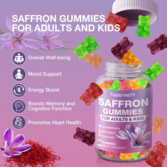 ASISTNETY saffron gummies label close-up shows premium saffron extract.