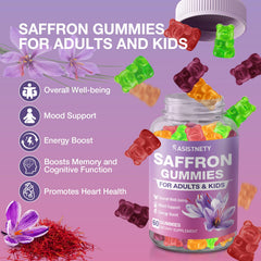 ASISTNETY saffron gummies label close-up shows premium saffron extract.