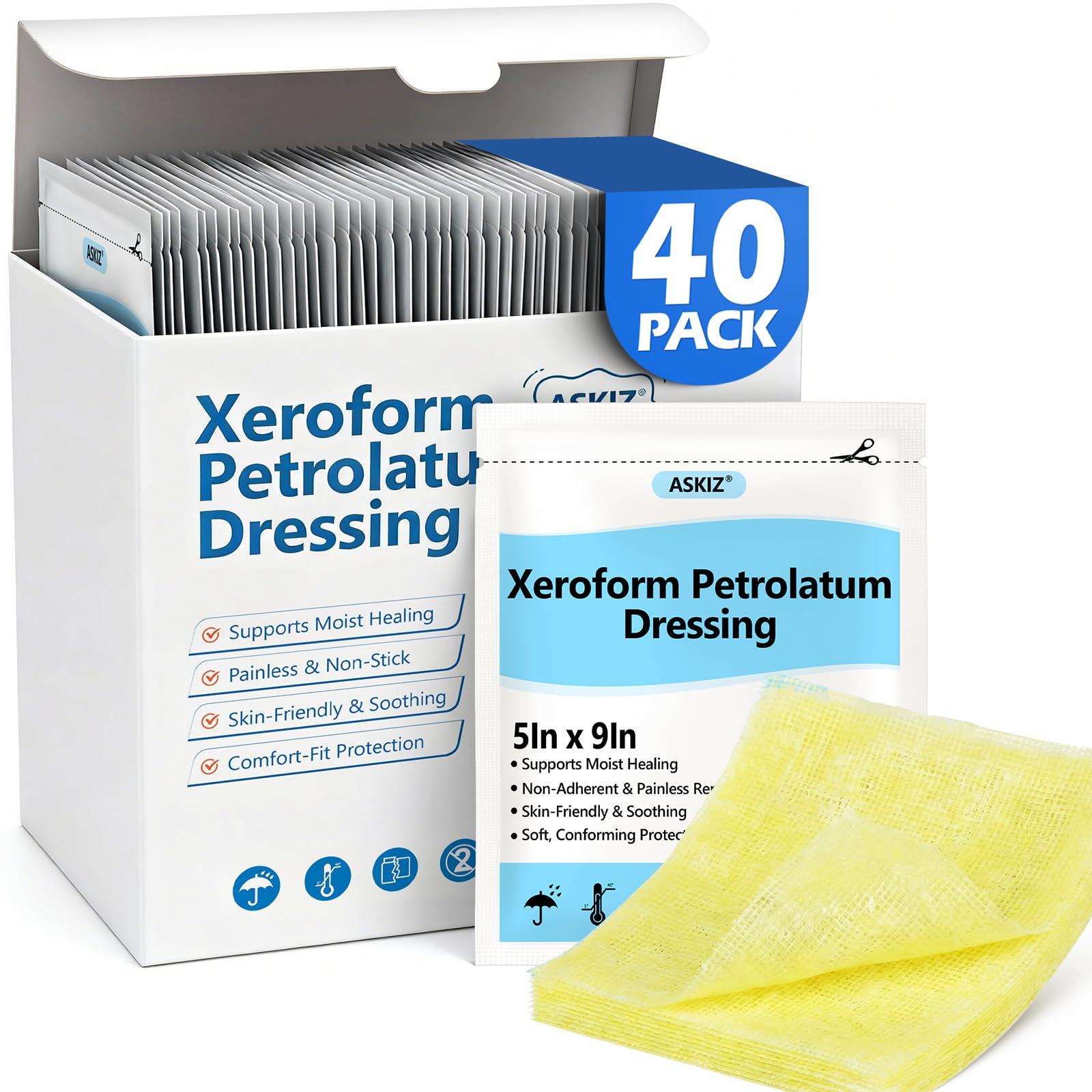 ASKIZ Xeroform patch 5x9 inch sterile packaging for clean wound care.