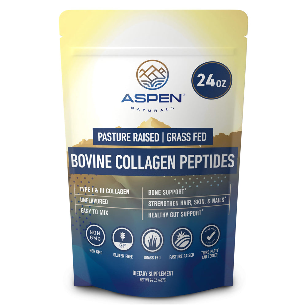 Aspen Naturals bovine collagen powder pour; easy to mix in drinks for skin and joint support.