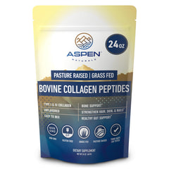 Aspen Naturals bovine collagen powder pour; easy to mix in drinks for skin and joint support.