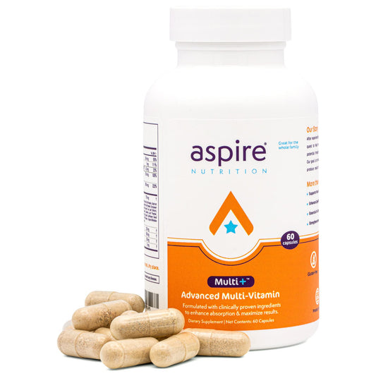 Aspire Multi+ bottle front view for daily energy support.