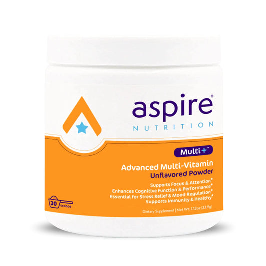 Aspire Multi+ powder tub front, premium unflavored multivitamin formula for daily wellness