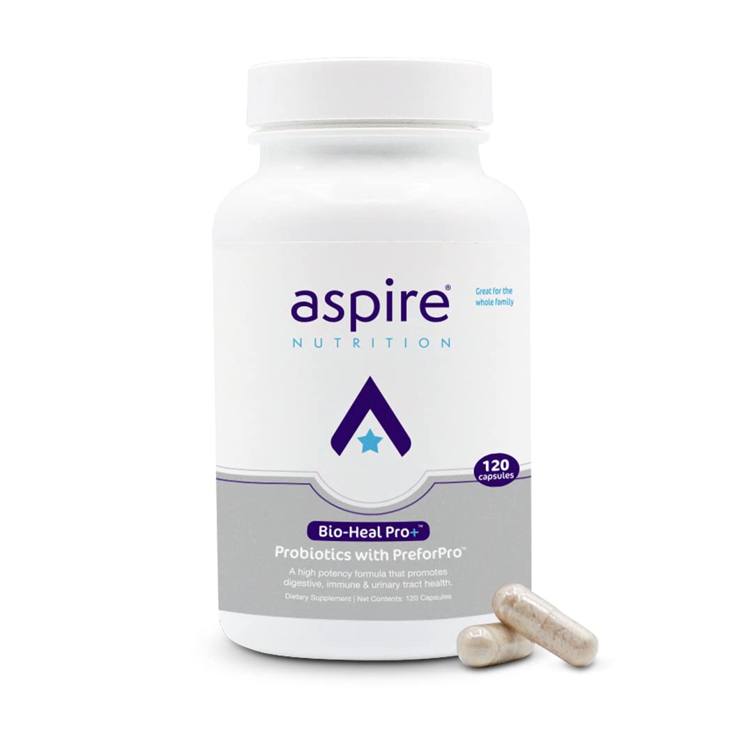 Aspire Nutrition Bio-Heal Pro+ bottle front promotes daily gut balance and wellness.