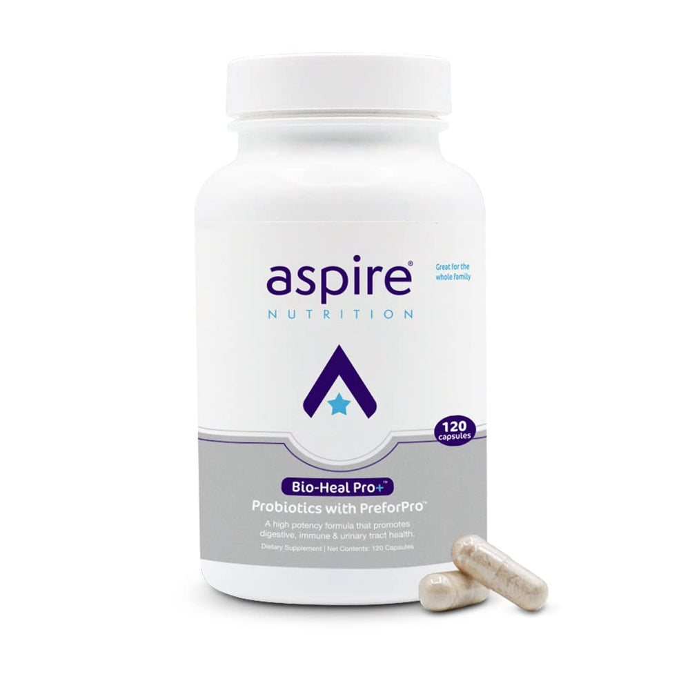 Aspire Nutrition Bio-Heal Pro+ bottle front promotes daily gut balance and wellness.