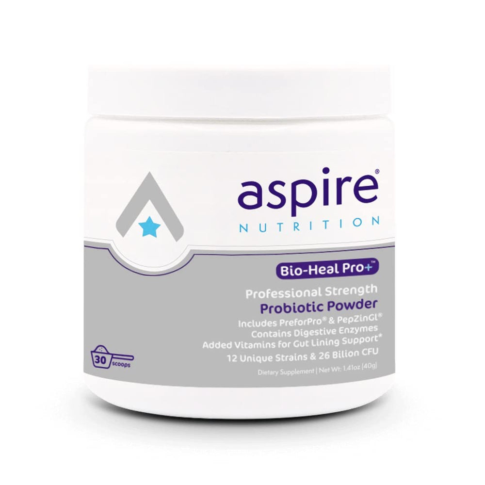Aspire Nutrition Bio-Heal Pro+ bottle showing 6-in-1 probiotic formula for daily wellness