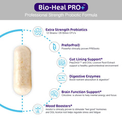 Bio-Heal Pro+ capsules close-up highlighting digestion support in a convenient form.