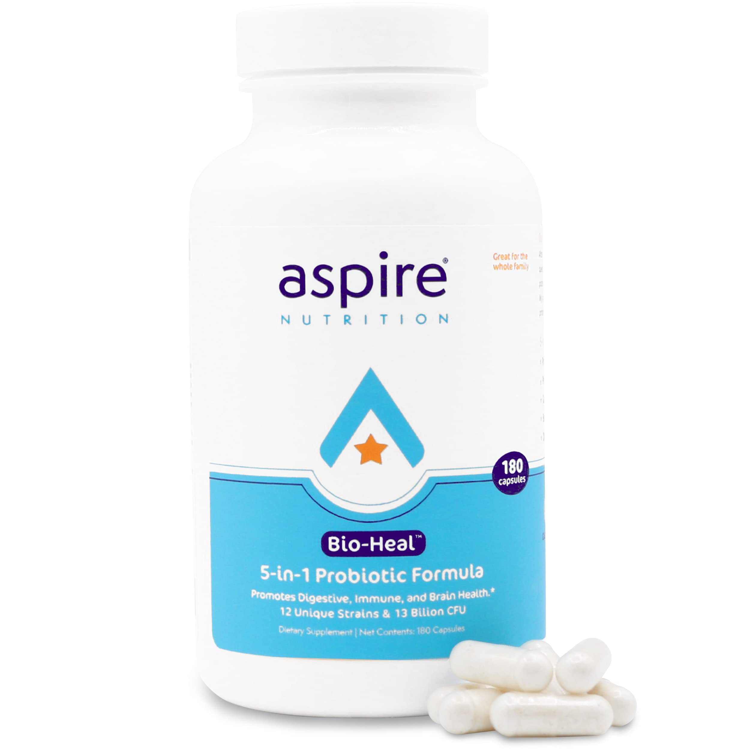 Aspire Nutrition Bio-Heal probiotic bottle front promotes gut health for all ages