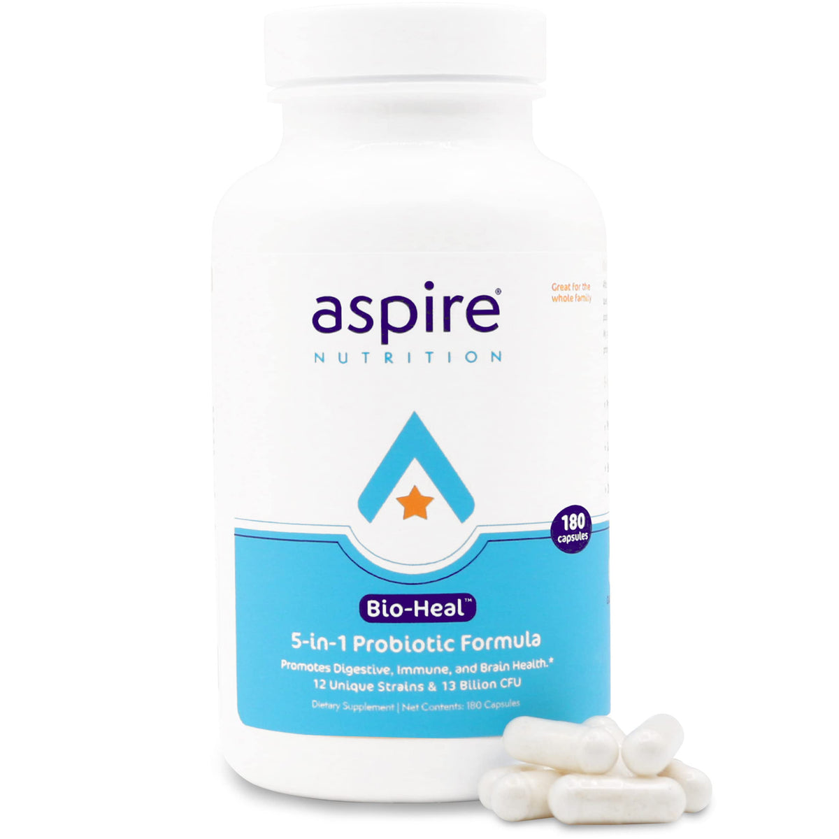 Aspire Nutrition Bio-Heal probiotic bottle front promotes gut health for all ages