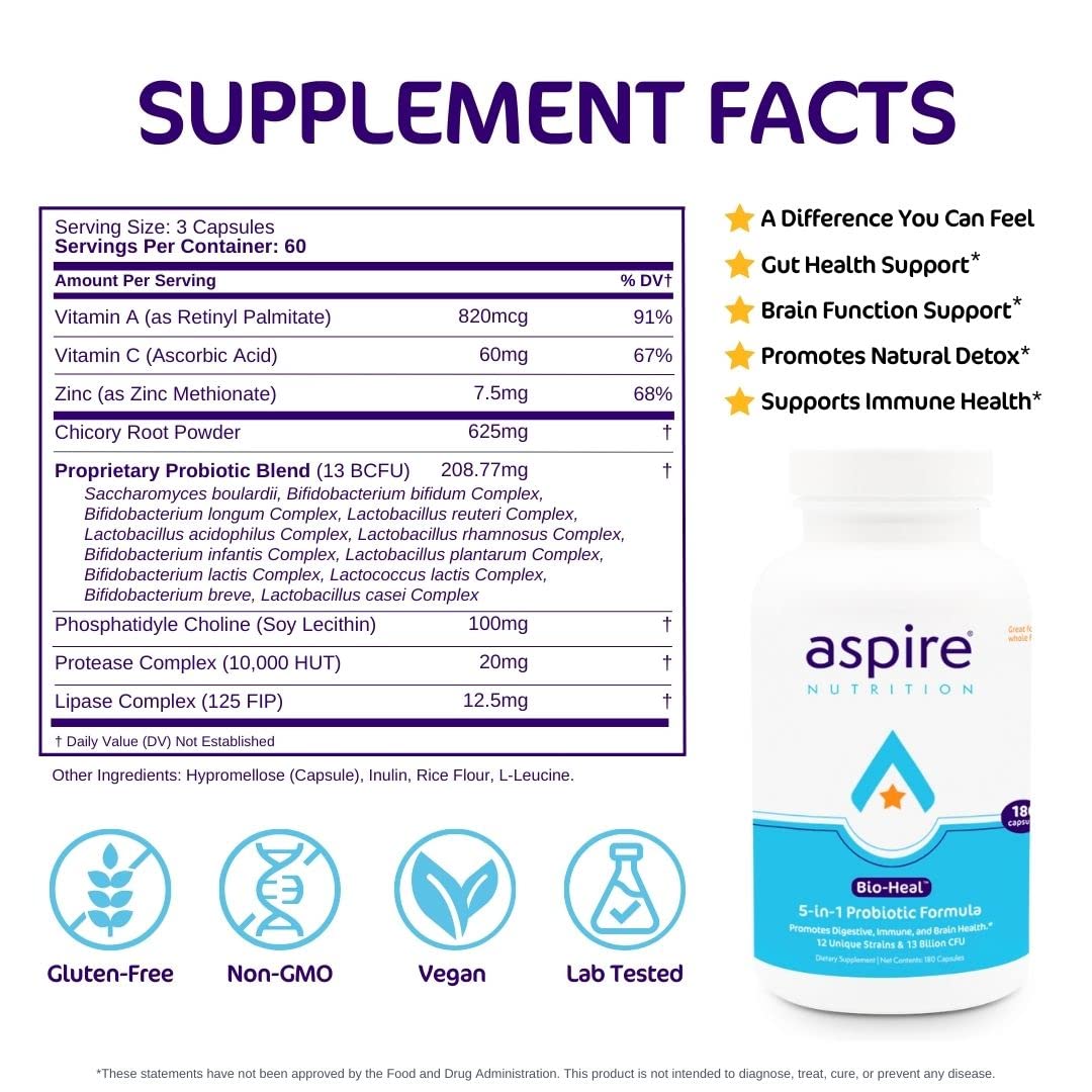 Aspire Bio-Heal capsules closeup showing probiotic capsules for digestion