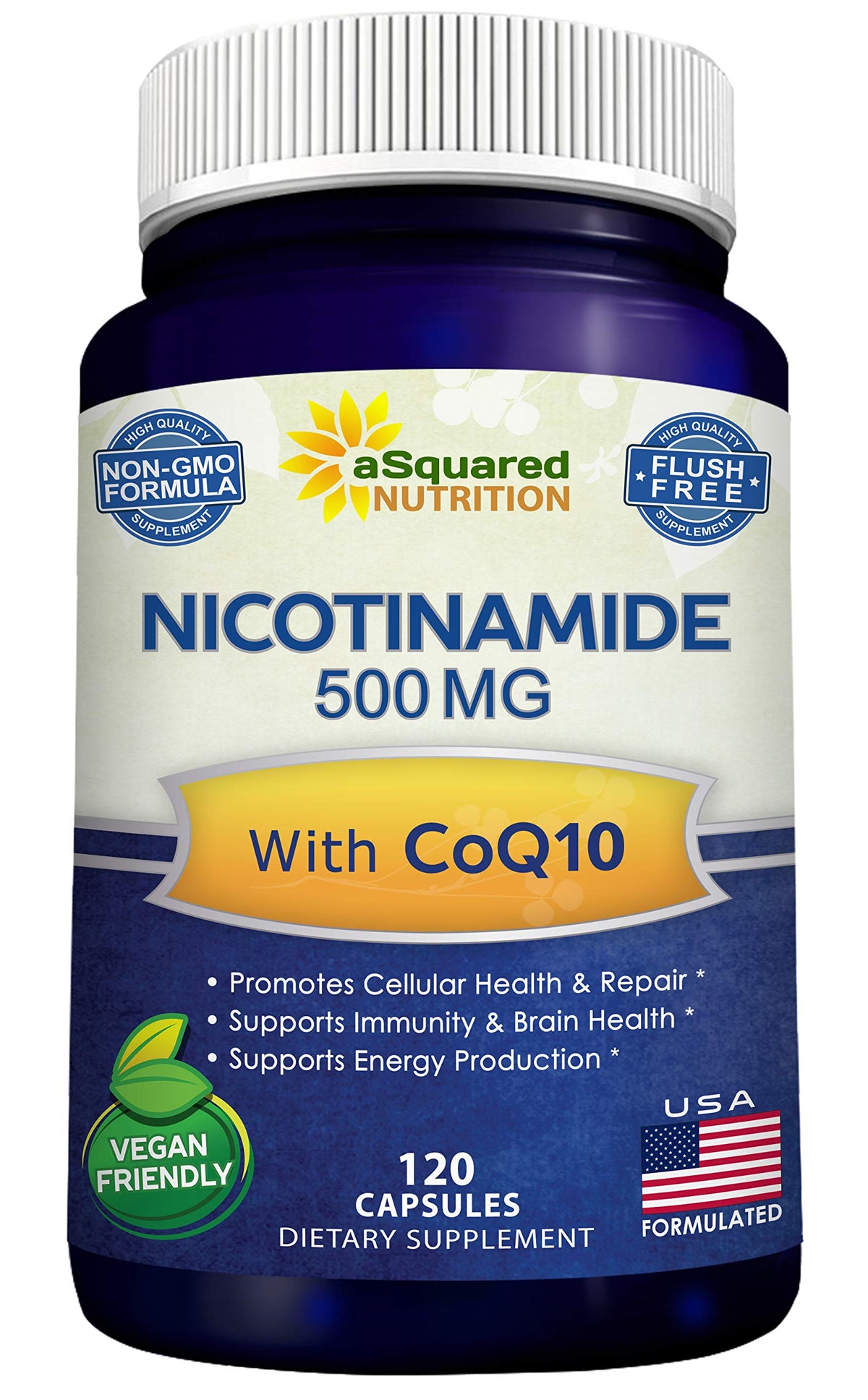 Asquared Nicotinamide CoQ10 bottle-front shows the non-flush B3 and CoQ10 blend for daily energy