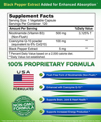 Asquared Nicotinamide CoQ10 bottle-label-back reveals vegan, non-GMO composition and gluten-free formulation