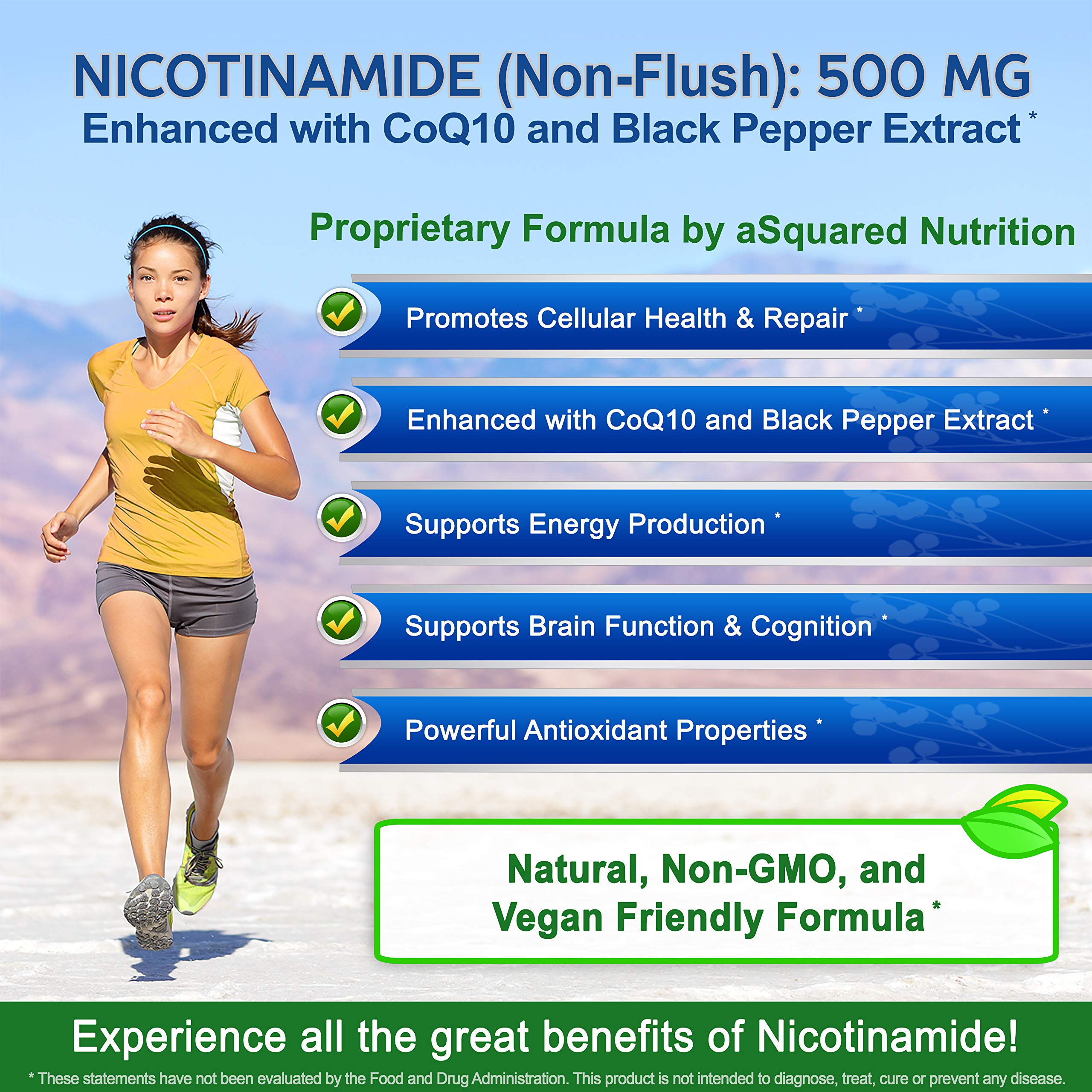 Asquared Nicotinamide CoQ10 capsules-closeup highlights 500mg B3 per capsule for metabolism support