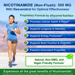 aSquared Nutrition Nicotinamide with Resveratrol benefit cards mentioning sirtuin and cellular health