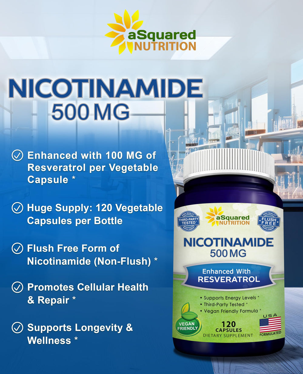 aSquared Nutrition Nicotinamide with Resveratrol bottle back showing ingredients and notes