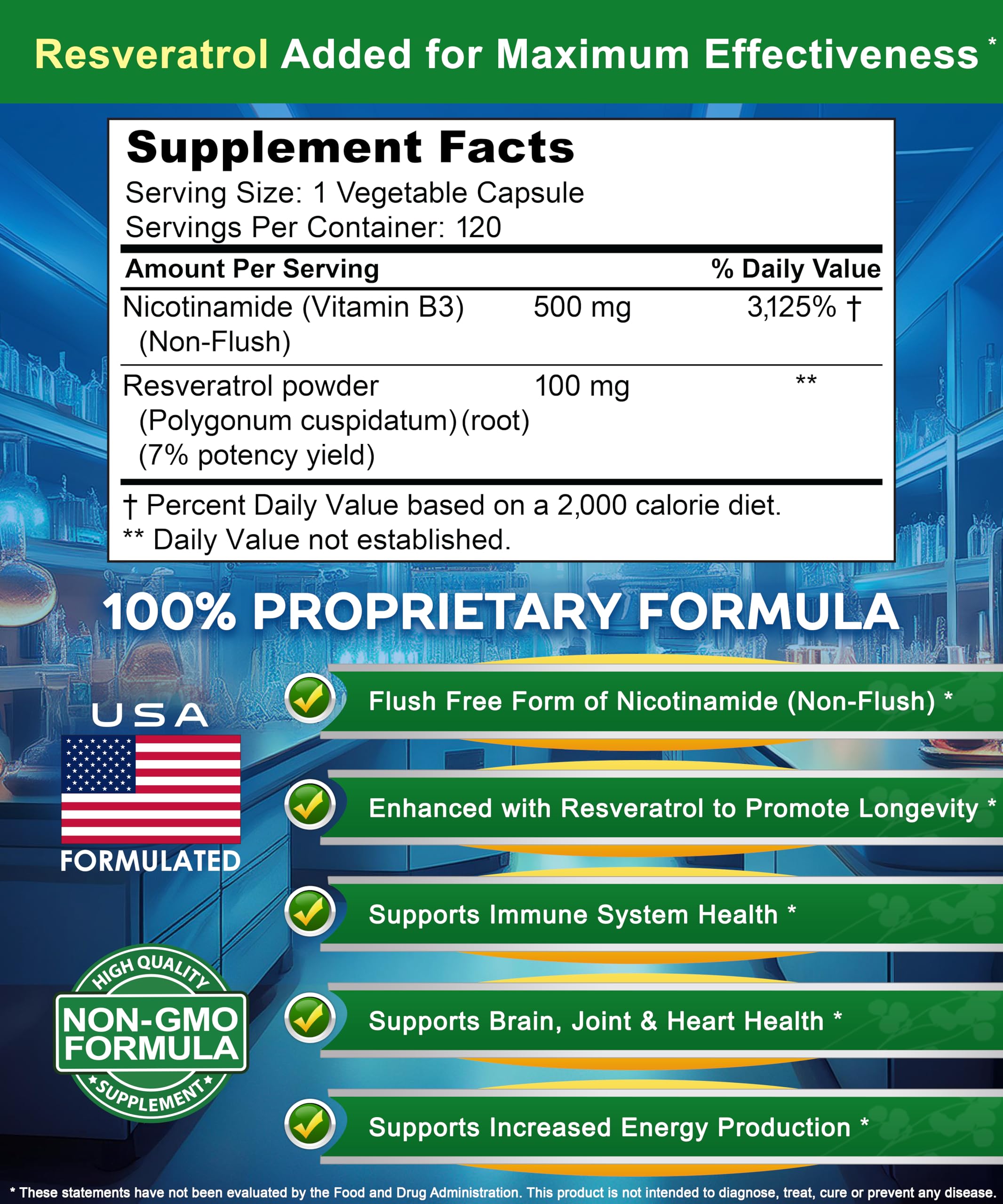 aSquared Nutrition Nicotinamide with Resveratrol ingredients label highlighting Non-Flush Niacinamide
