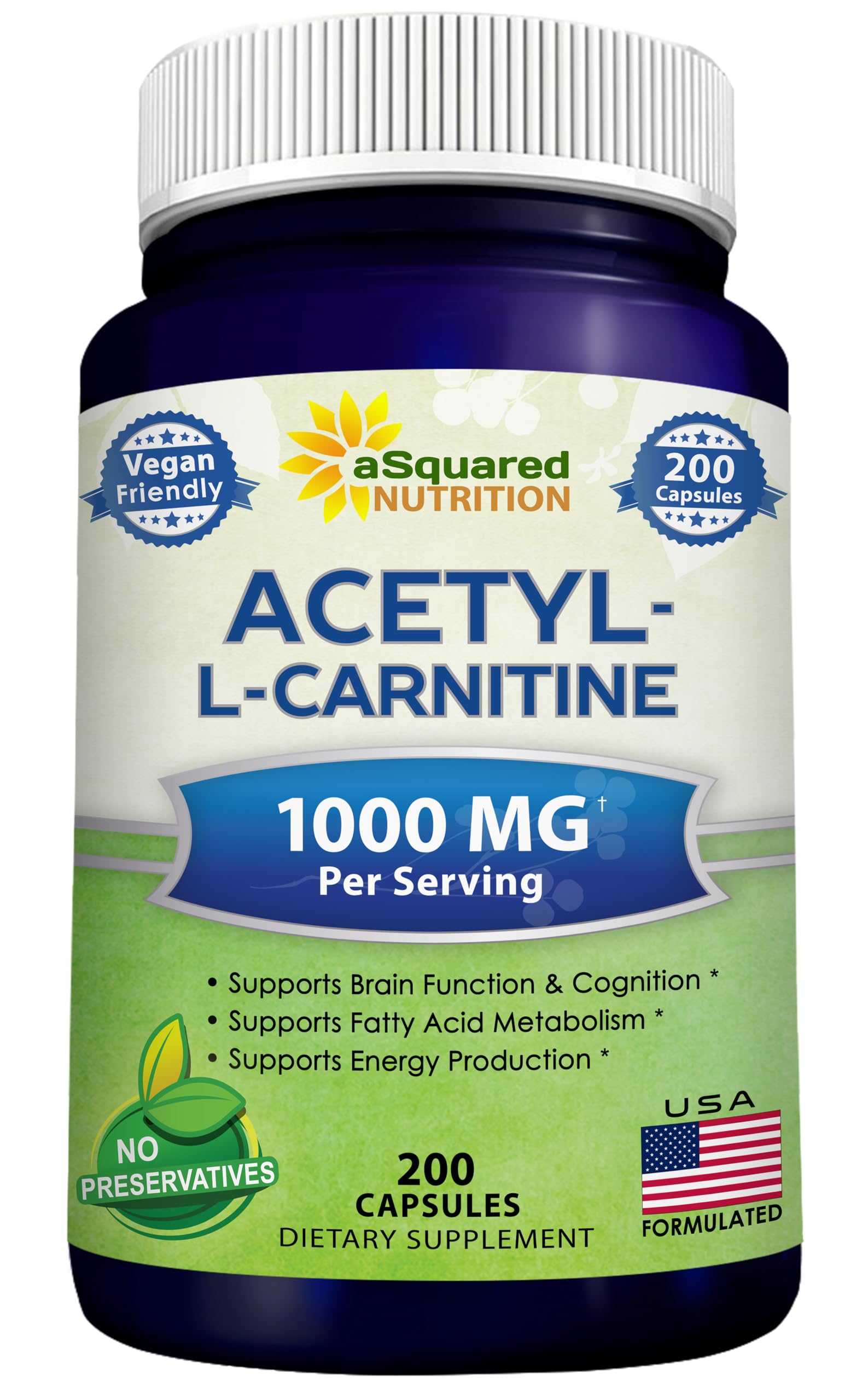 aSquared Nutrition Acetyl L-Carnitine bottle showing 1000mg dosage for energy support