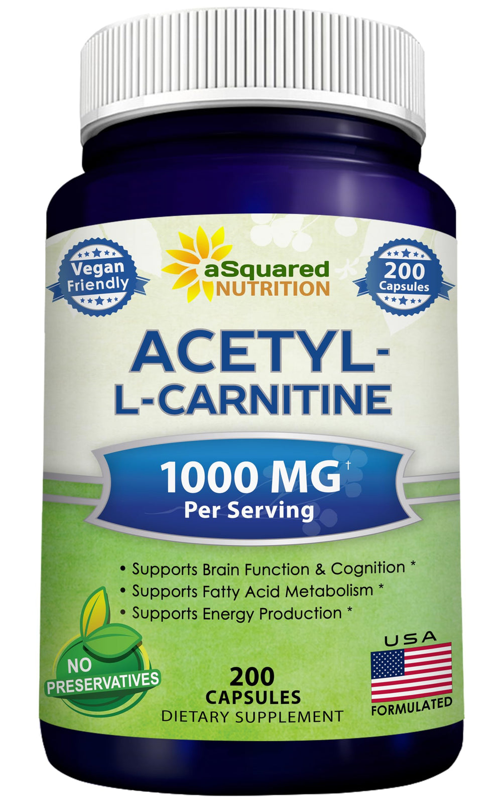 aSquared Nutrition Acetyl L-Carnitine bottle showing 1000mg dosage for energy support